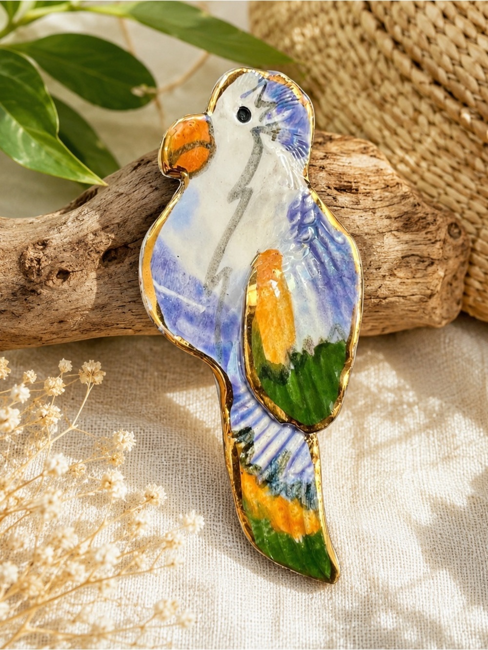 Statement Ceramic Bird Brooch Hand Crafted Parrot Gold Iridescent Gloss Finish